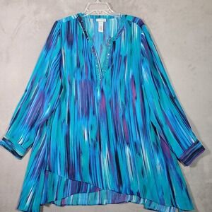 Catherines Top Women 1X Blue Striped Embellished Asymmetrical Hem‎ Maximal Artsy